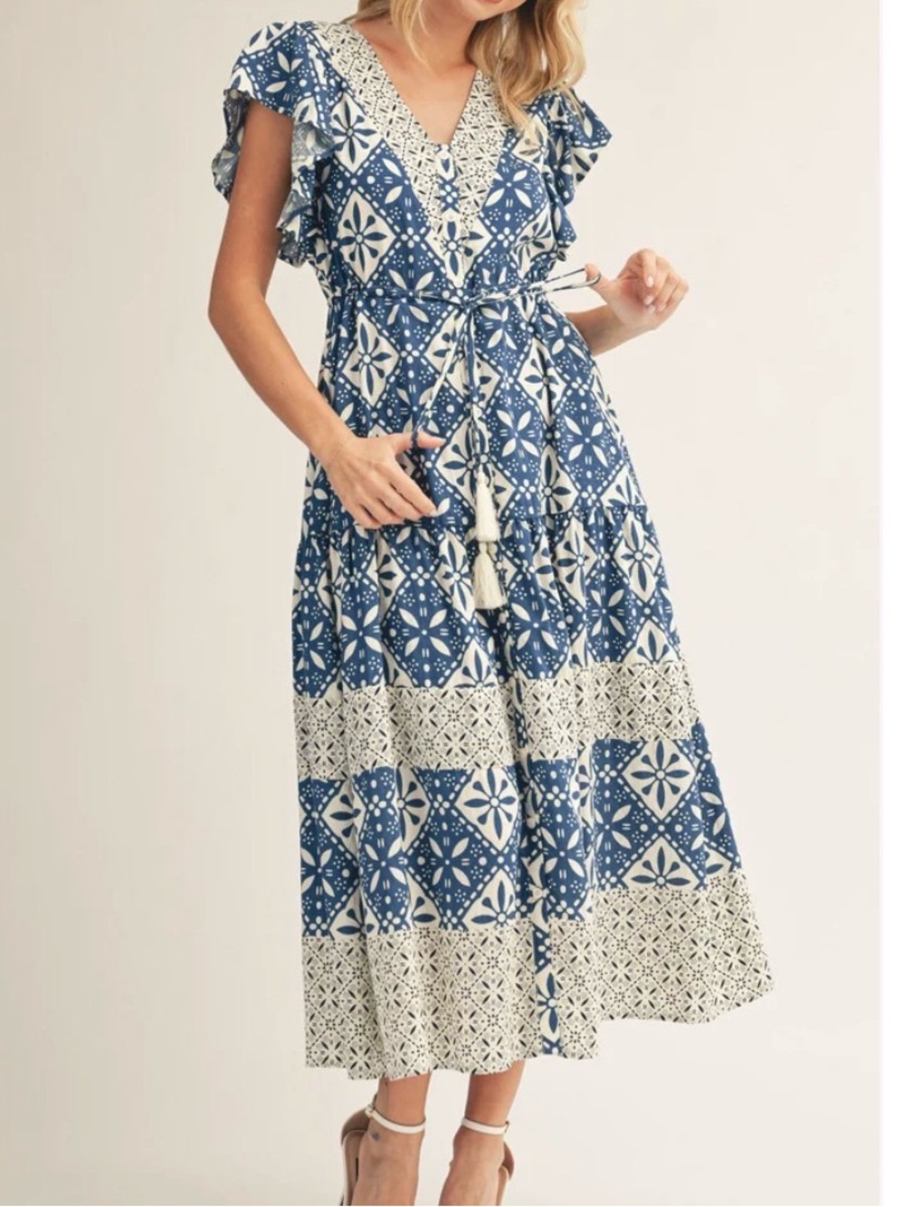 Jodifl Blue & White Floral Tassel Dress